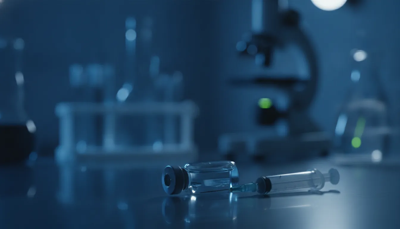 A vaccine vial and syringe in a dimly lit lab setting, symbolizing AI vaccine development.