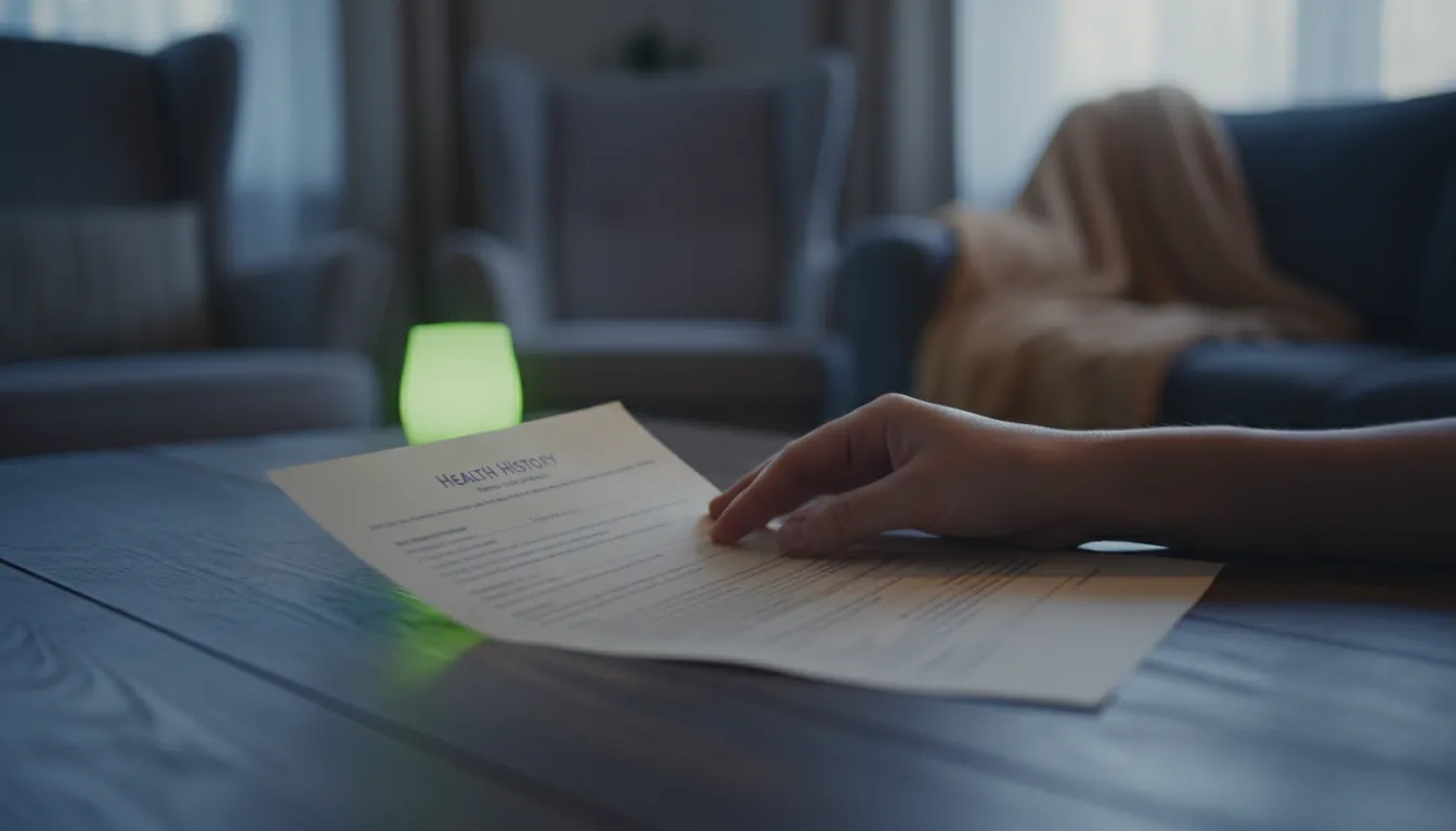 A patient's hand holding a health history document in a softly lit room.