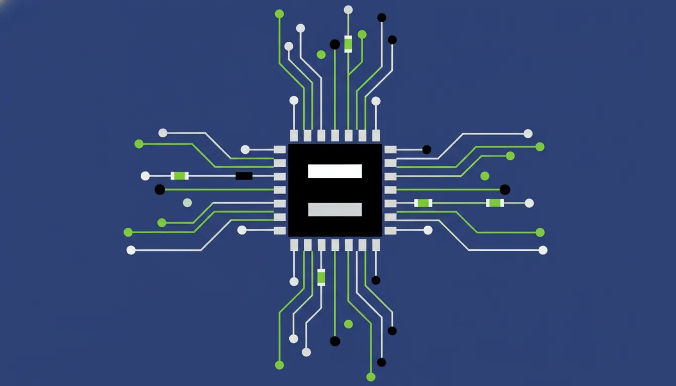 A minimalist representation of a microchip and circuit board in a tech-themed design.
