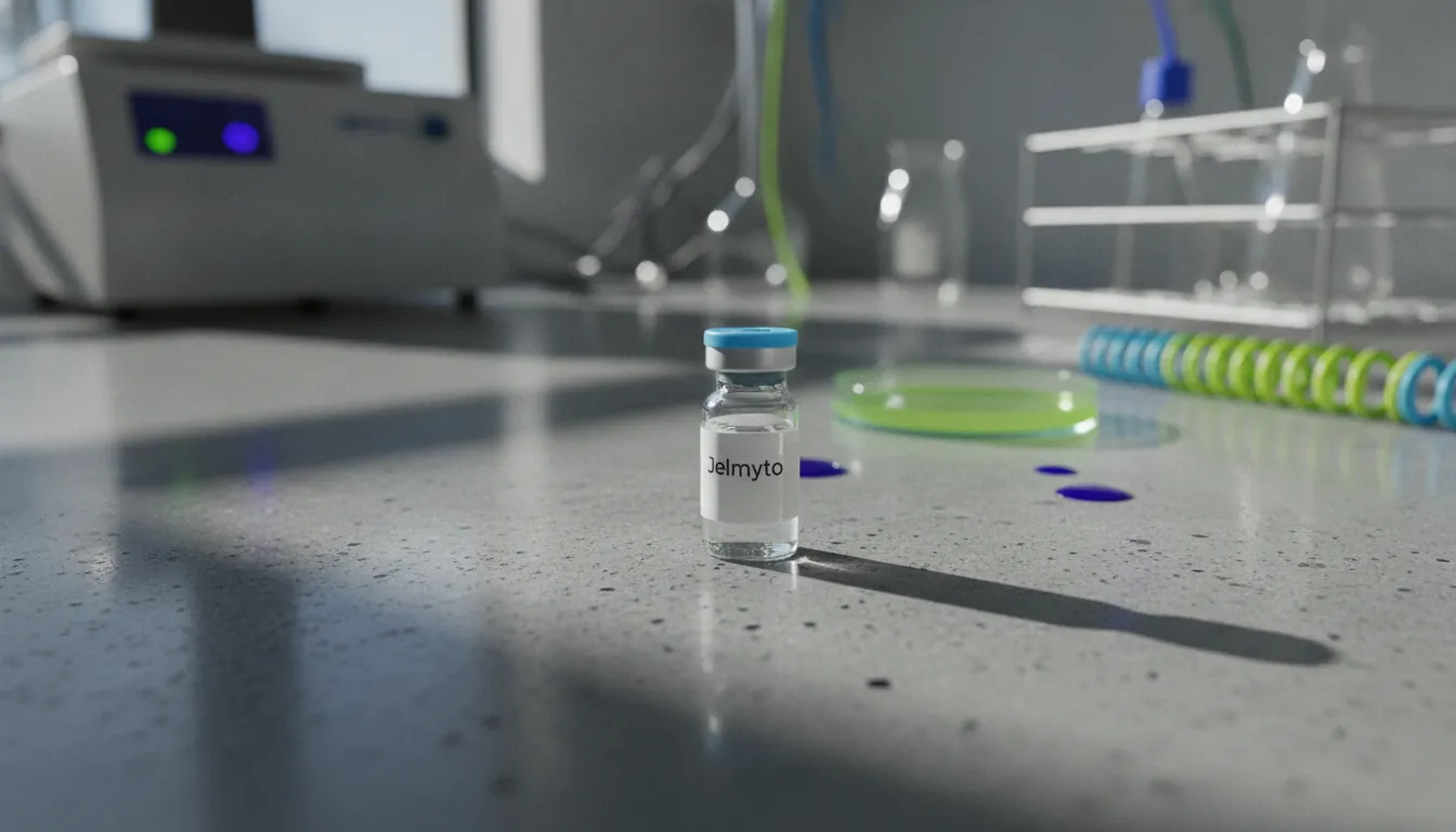 A vial of Jelmyto on a lab countertop