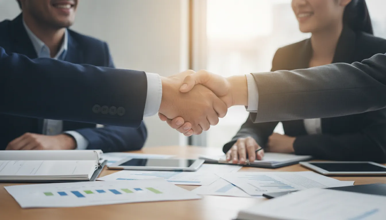 A handshake over business documents in a modern office setting.