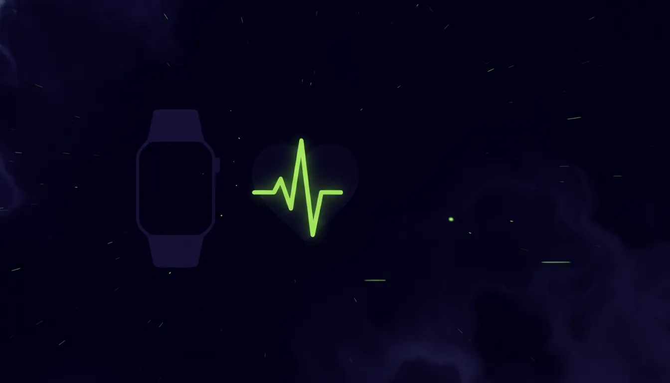 A minimalist illustration of a wearable device and heart rate icon in a dark color scheme.