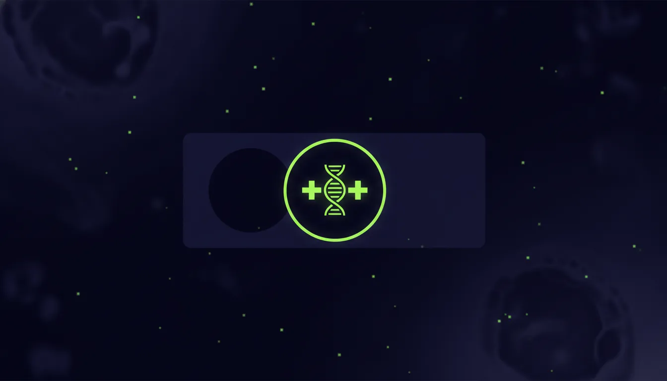 A minimalist representation of a pathology slide and biomarker icon in a dark color scheme.