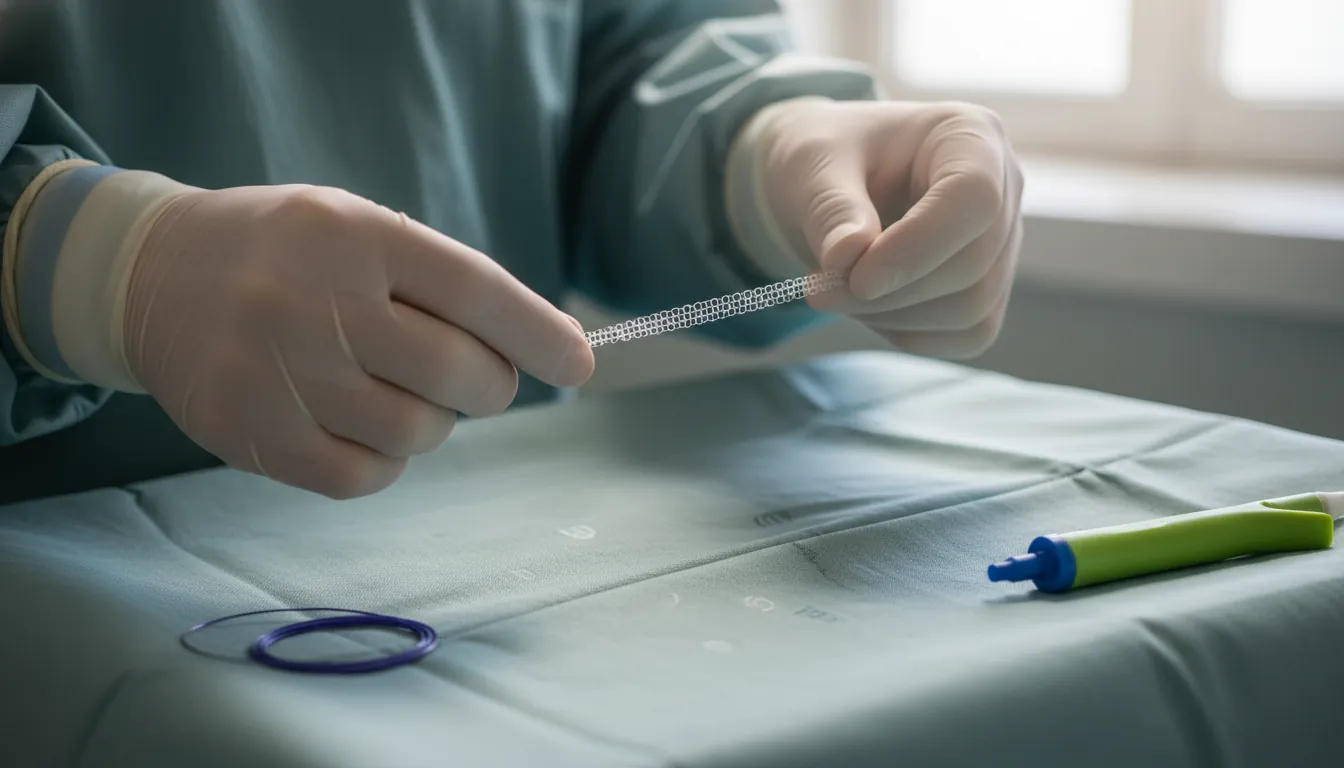 A cardiologist's hands holding a stent in an operating room