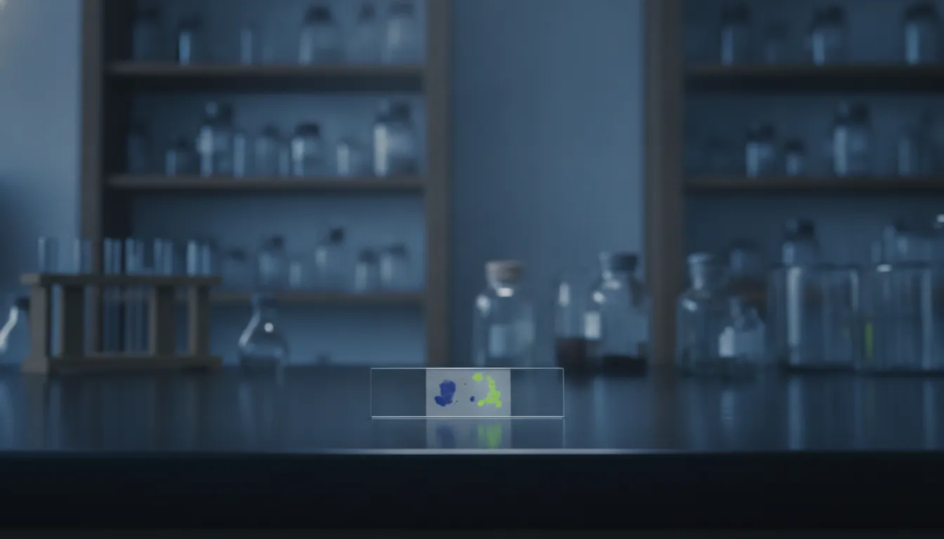 A pathology slide on a lab bench in a dimly lit laboratory