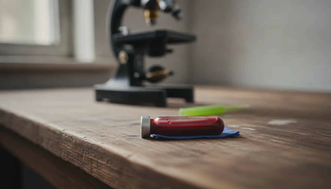 A blood sample in a vial on a lab bench with a microscope behind it.