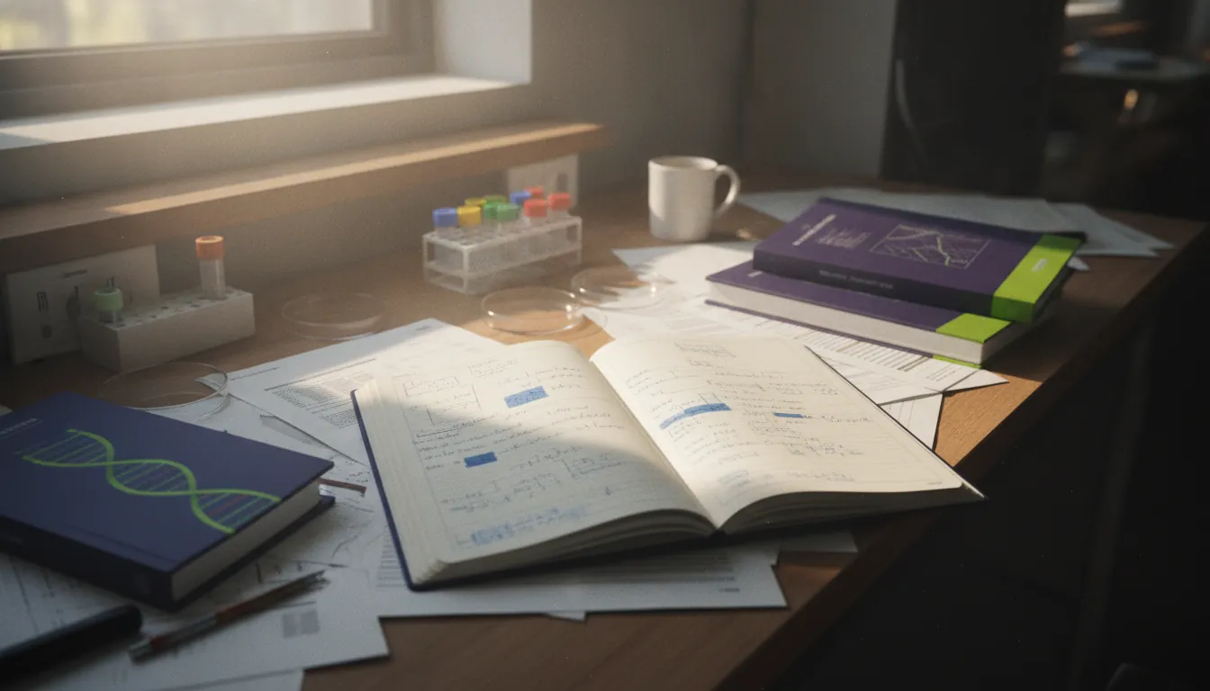 An open laboratory notebook on a cluttered lab bench, surrounded by papers and manuals.