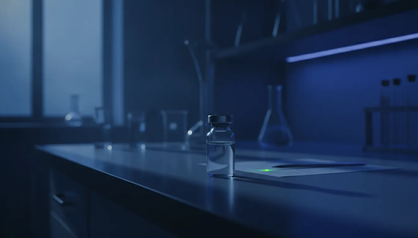 A vial of biologic drug on a laboratory countertop in a dimly lit setting.