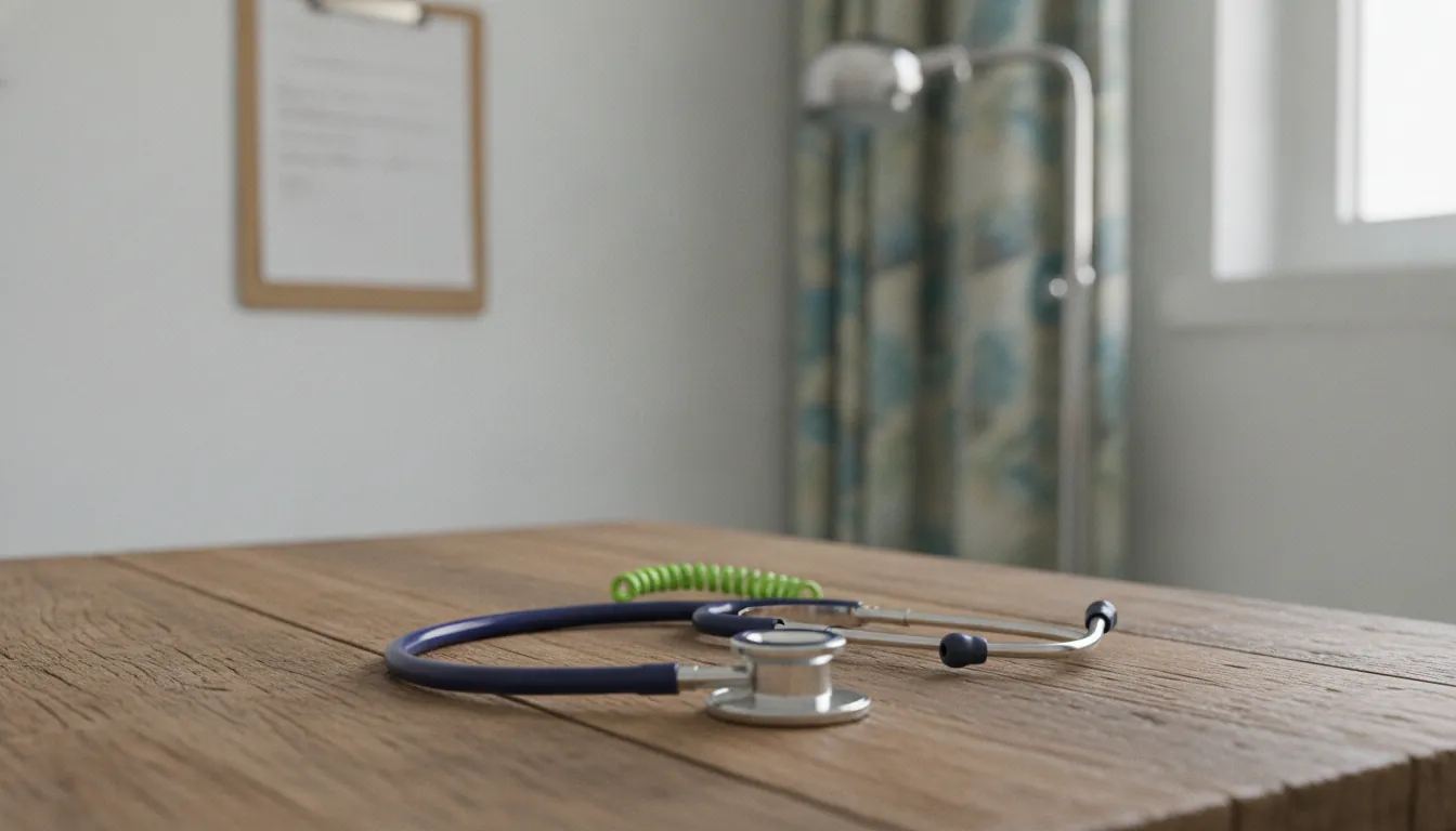 A stethoscope on a wooden table in a clinical setting