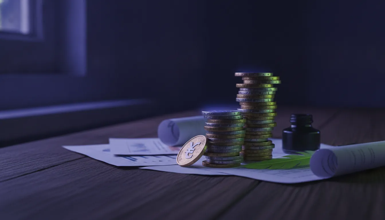 A stack of coins on a wooden desk in a dimly lit office
