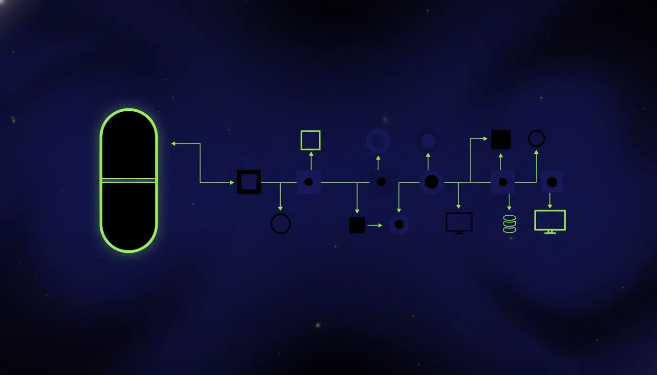 Minimalist illustration of a pill and data flow diagram in dark colors.