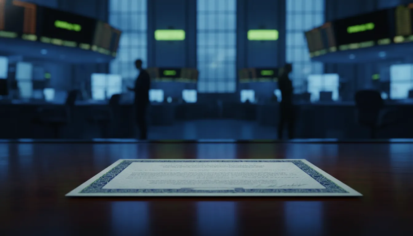 A stock certificate on a desk in a dimly lit trading environment.