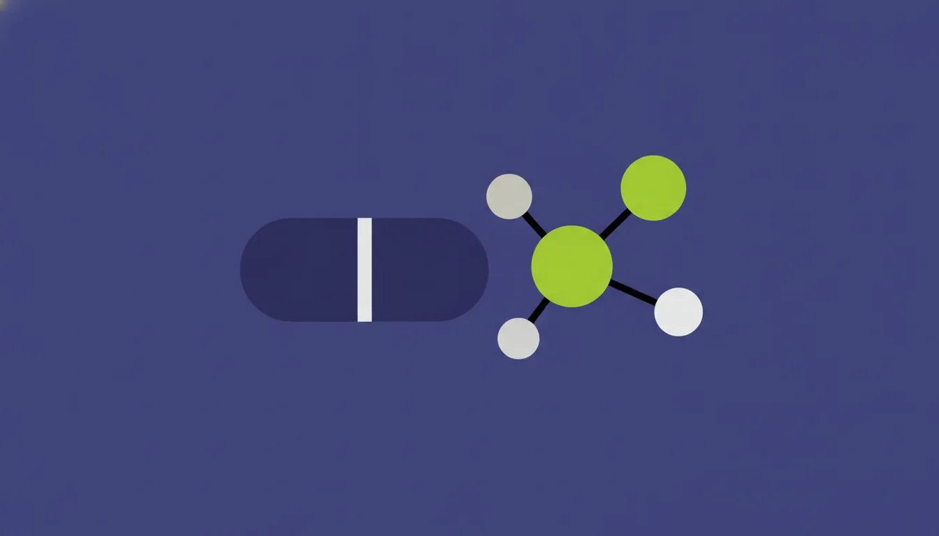 A minimalist representation of a pill and a molecule in flat design.