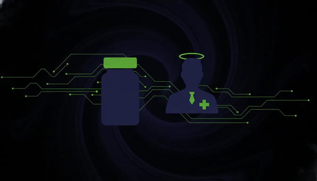 Minimalist illustration of a pill bottle and healthcare professional in dark colors with lime accents.