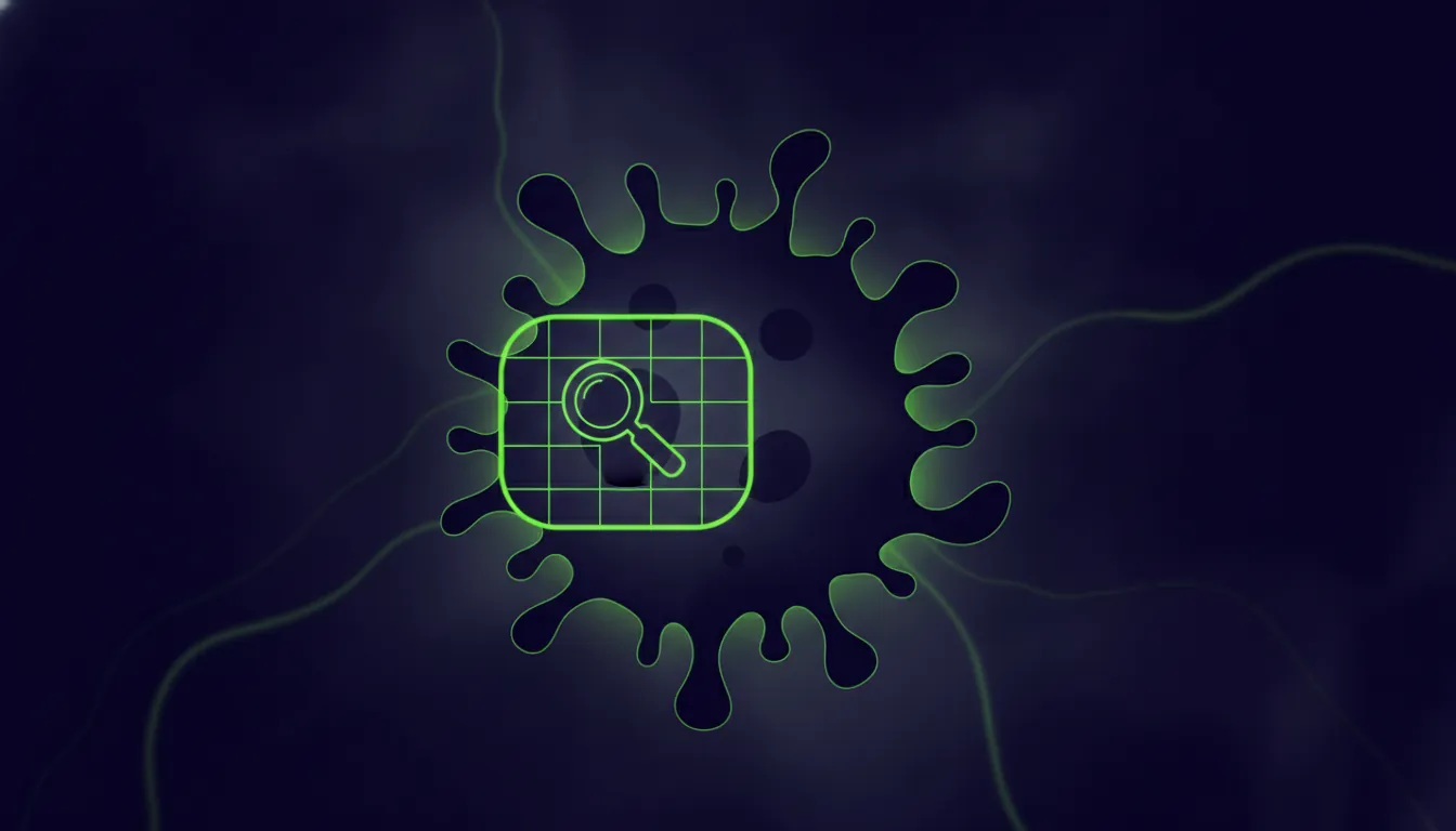 A minimalist illustration of a cancer cell with a diagnostic test overlay in a dark palette.