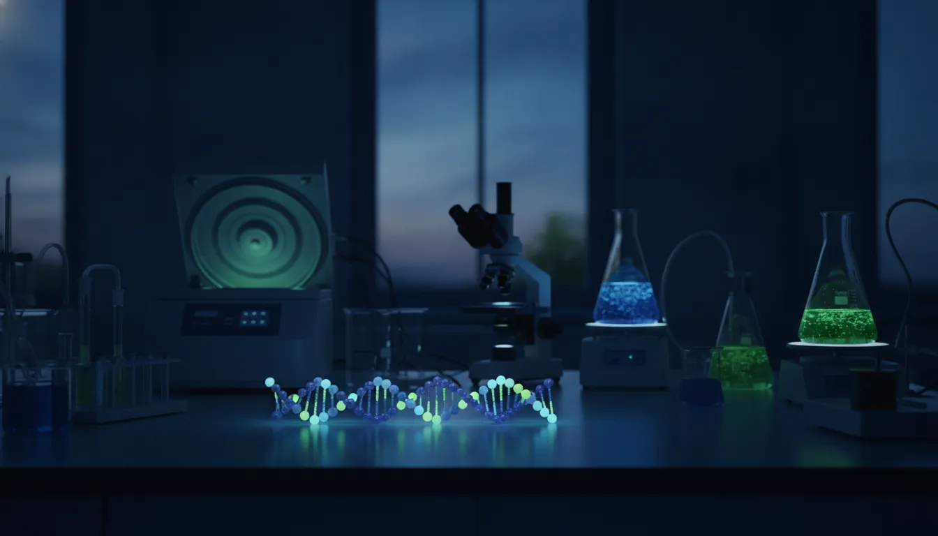 An RNA molecule on a lab bench in a dimly lit laboratory
