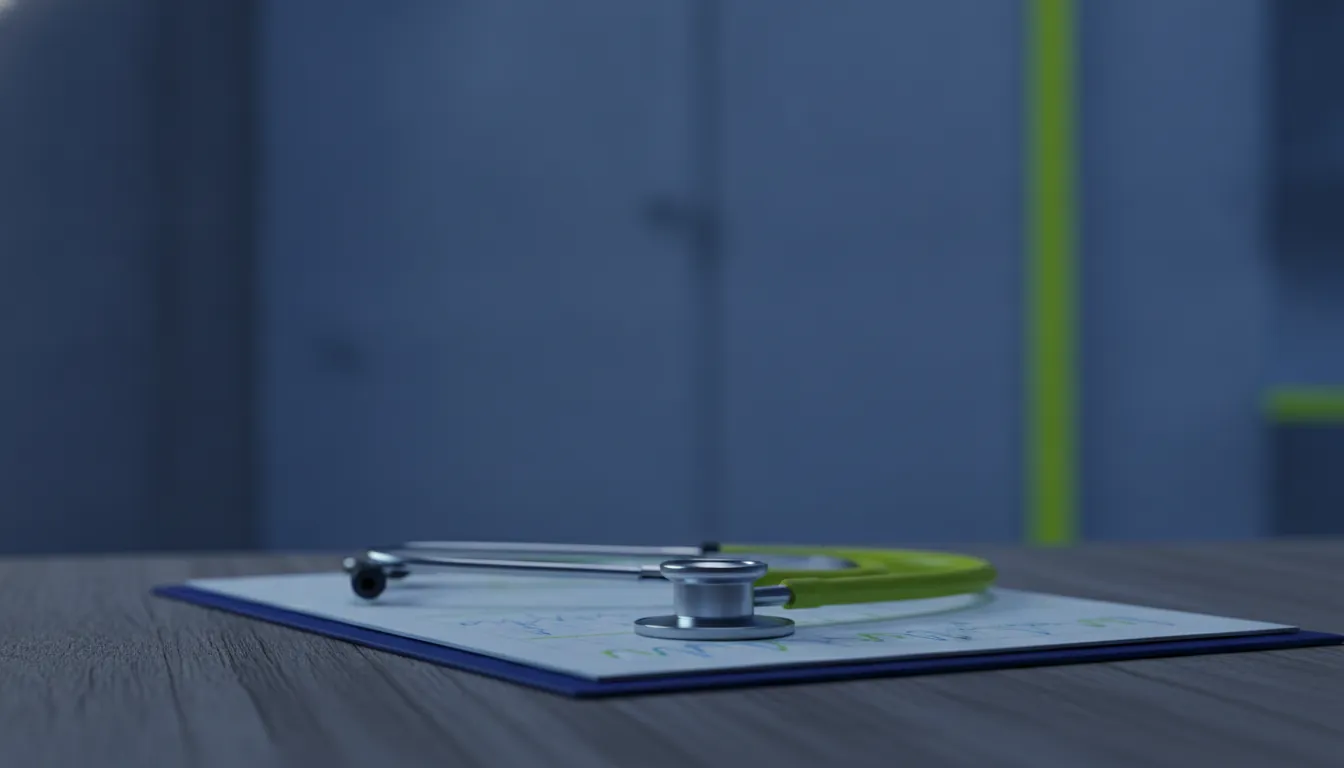 A stethoscope on a medical chart in a dimly lit examination room