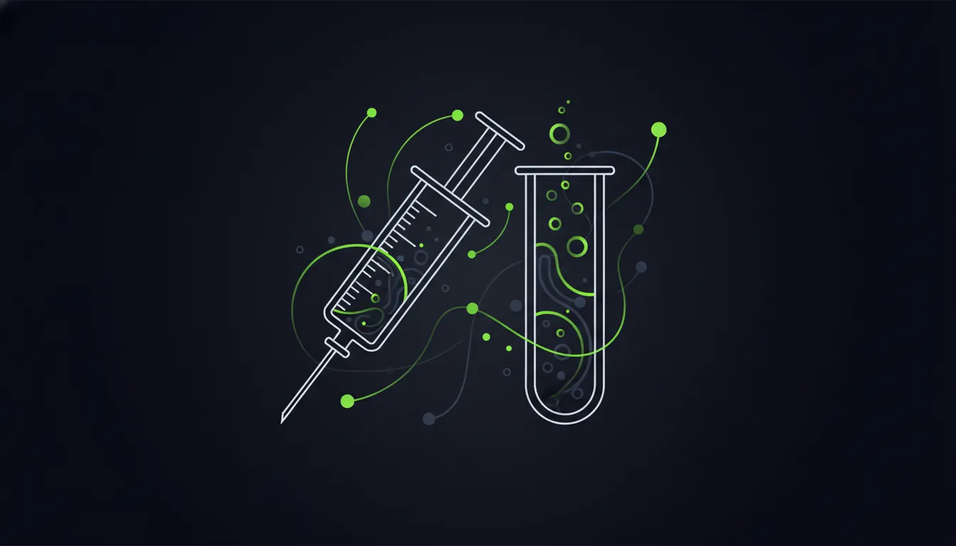A minimalist illustration of a syringe and test tube in a dark palette.