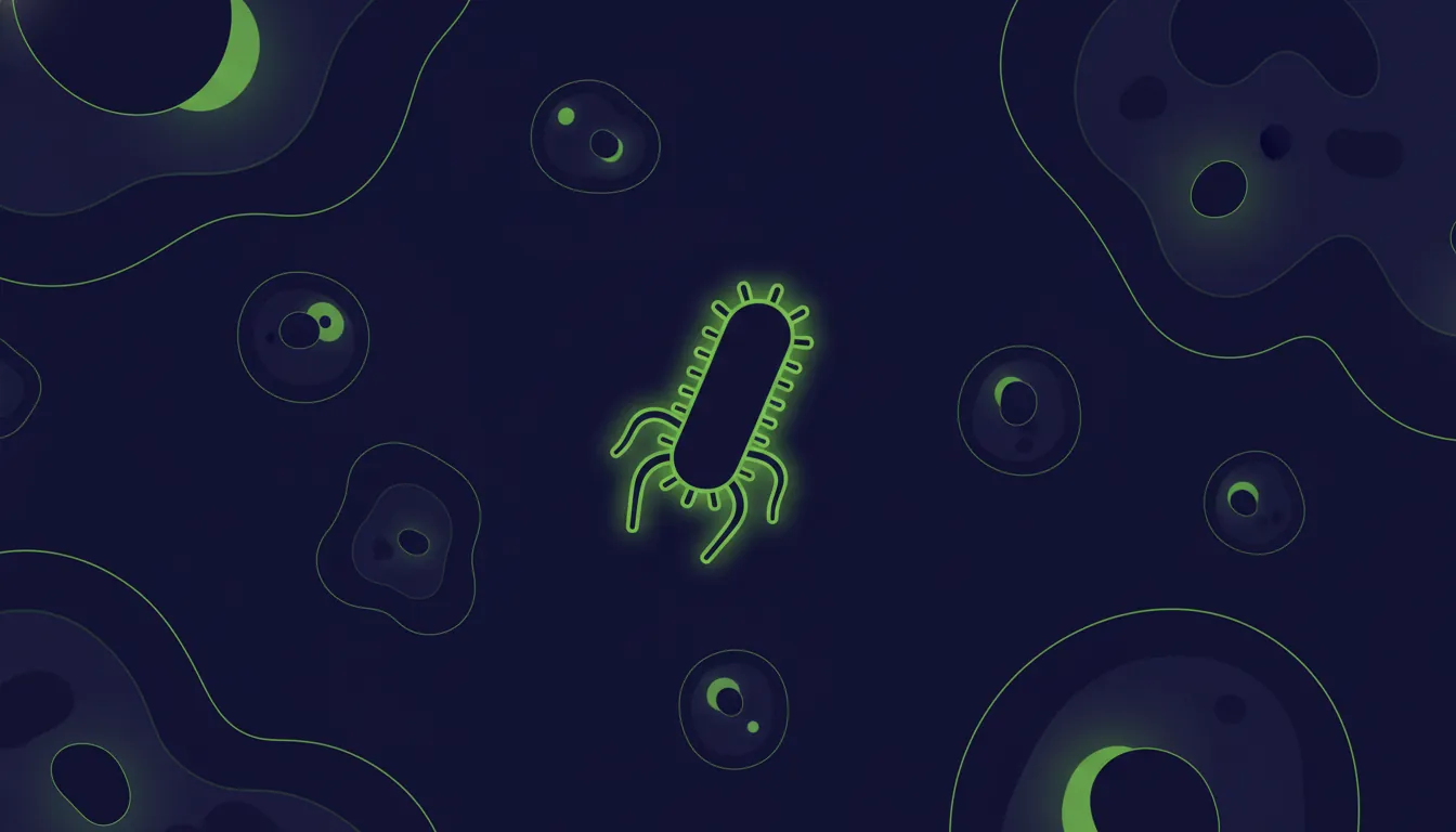A minimalist illustration of a microbe and abstract cells in a dark palette.