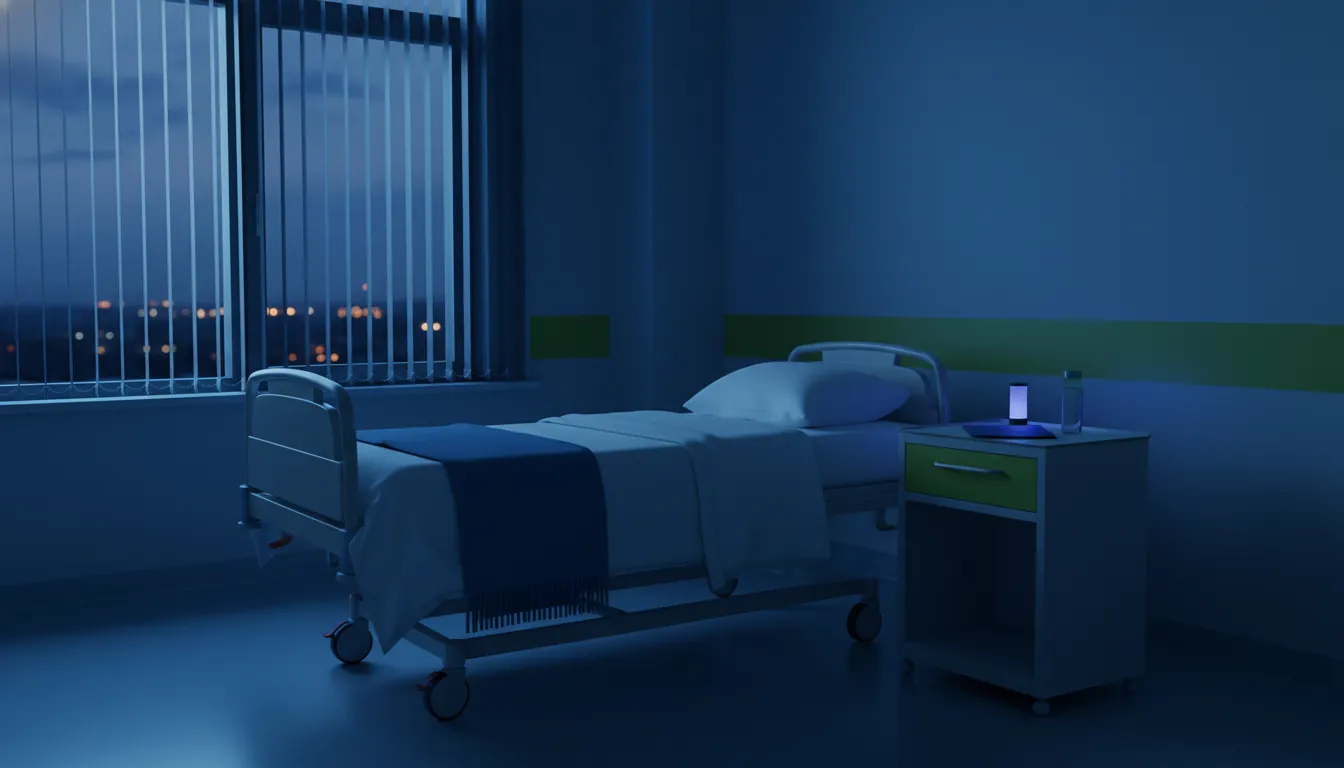 A hospital bed in a dimly lit room with a medical chart on the table.