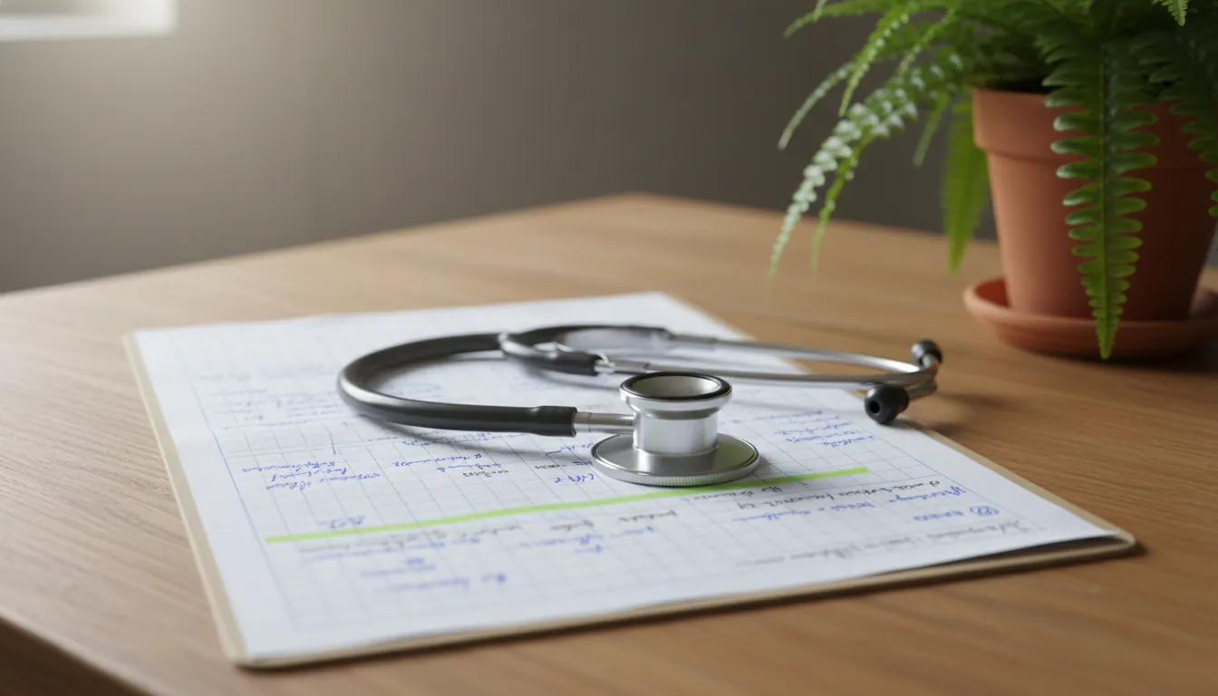 A stethoscope on a medical chart in an office setting