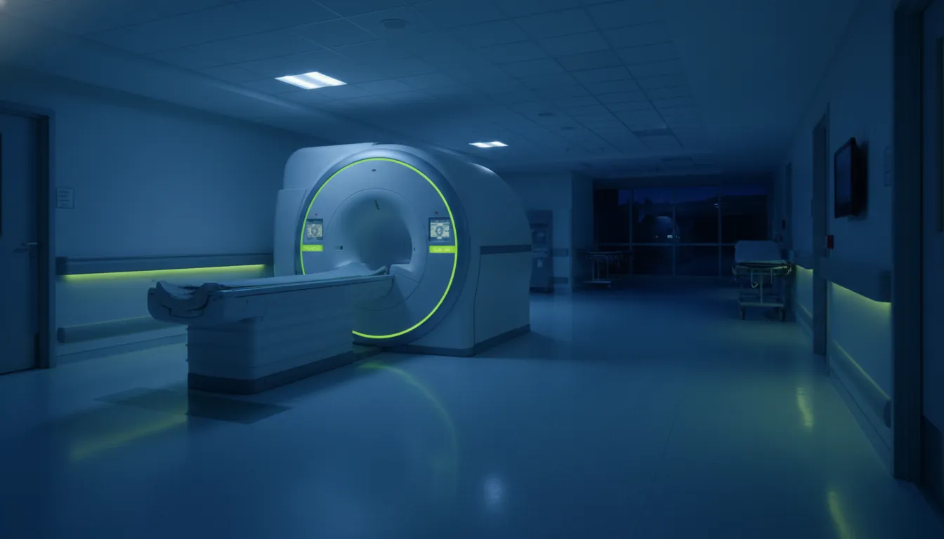 MRI machine in a dimly lit hospital corridor