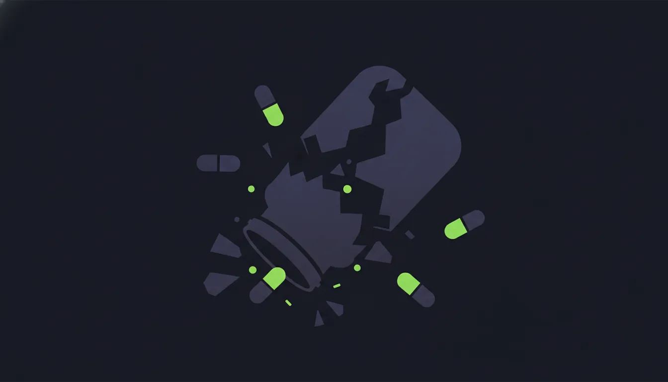A broken pill bottle with scattered pills on a dark background.