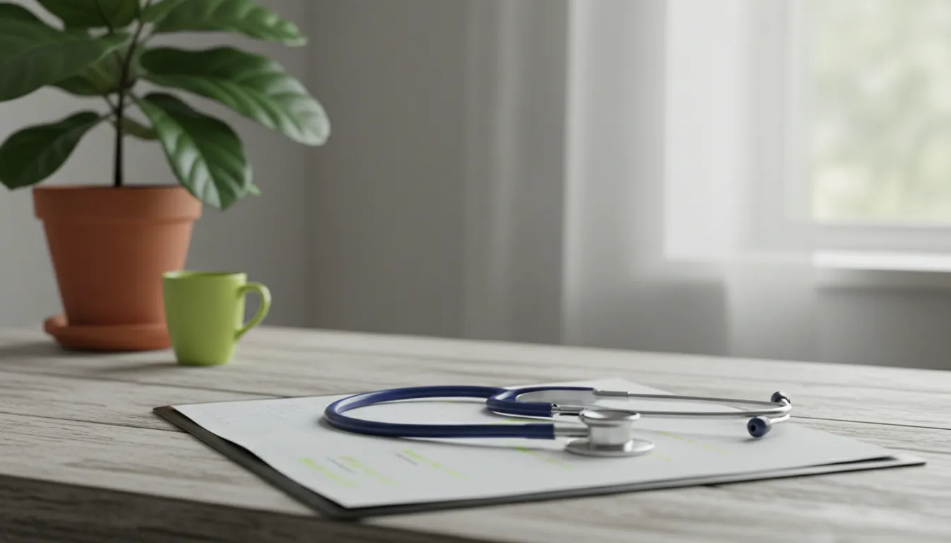 A stethoscope on a medical chart in a clinical room