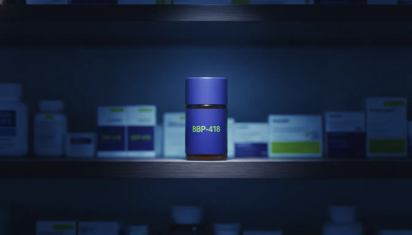 Pill bottle of BBP-418 on a pharmacy shelf