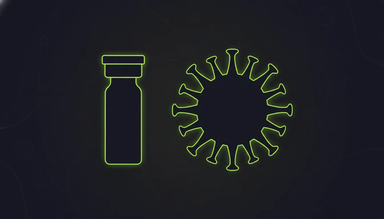 A minimalist illustration of a vaccine vial and virus silhouette in dark colors.