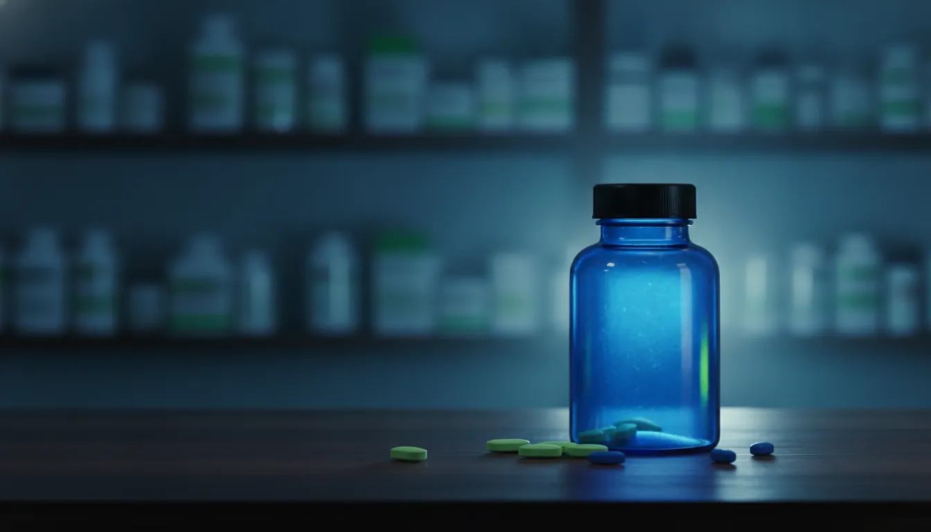 A pill bottle and tablets on a pharmacy shelf in dim light.