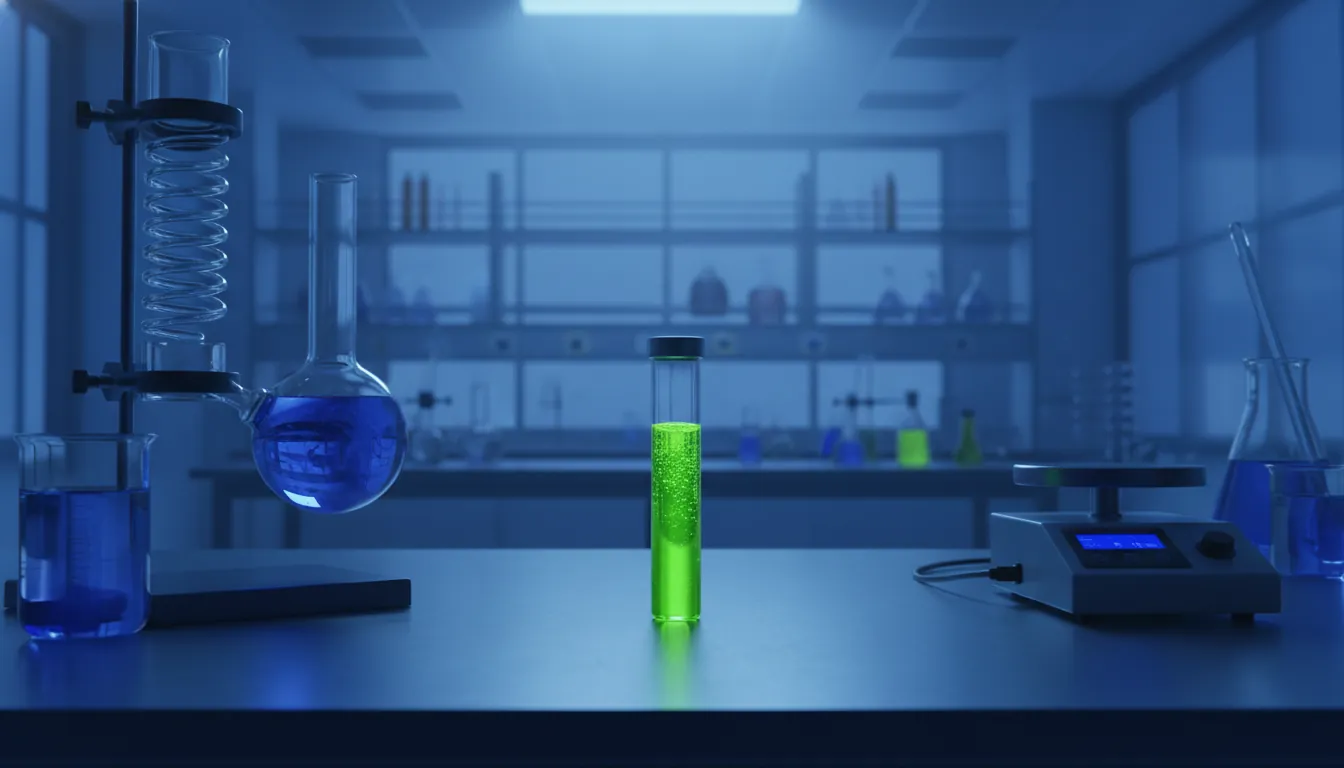 A glass vial filled with liquid on a lab bench in a dimly lit laboratory.