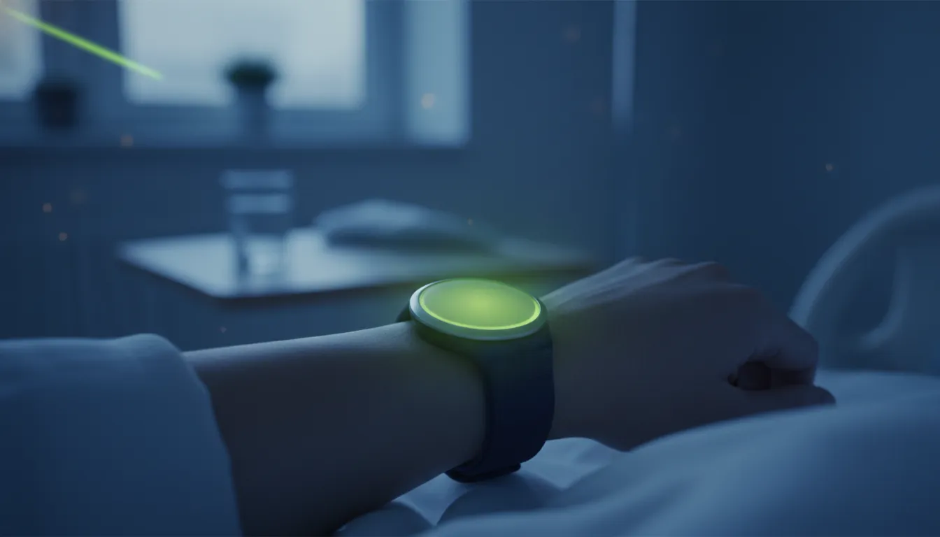A wearable health monitor on a patient's wrist in a dimly lit hospital room.