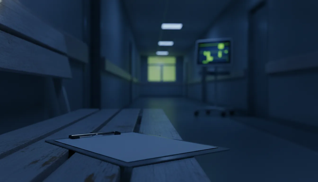 A clipboard and medical chart in a dimly lit hospital corridor