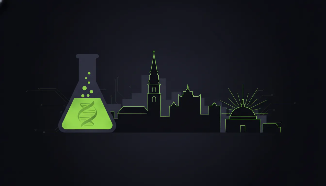 Minimalist illustration of a lab flask and Copenhagen skyline in dark colors with lime accents.