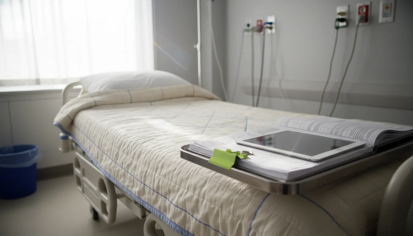 A hospital bed with a medical chart in a clinical setting