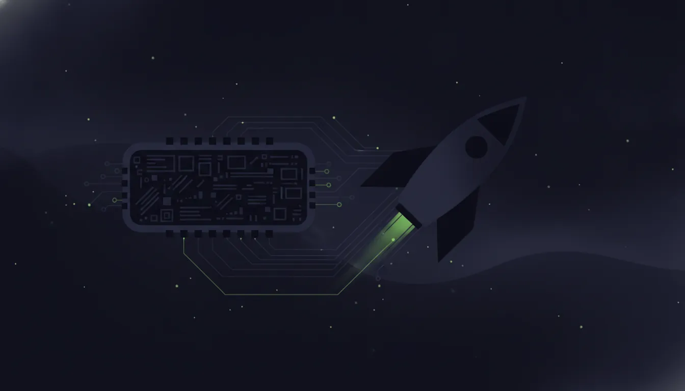A minimalist illustration of a nanomagnetic AI chip and a rocket in a dark color scheme.