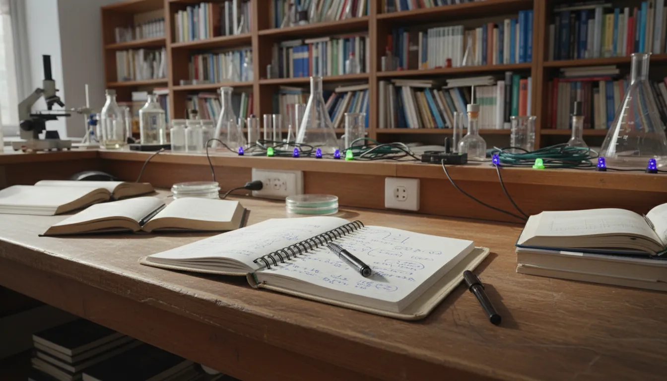 A research notebook and pen in a lab setting