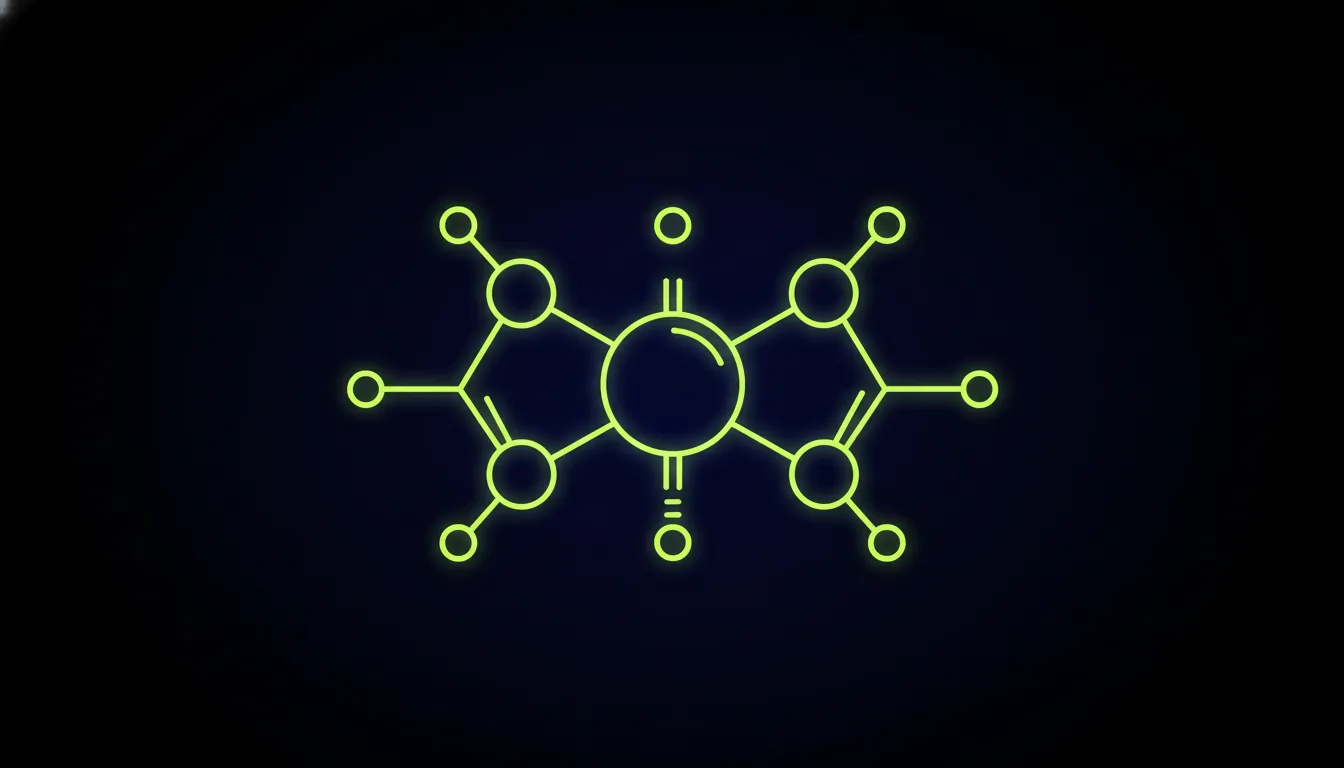A minimalist representation of a drug compound molecule in a dark color scheme.