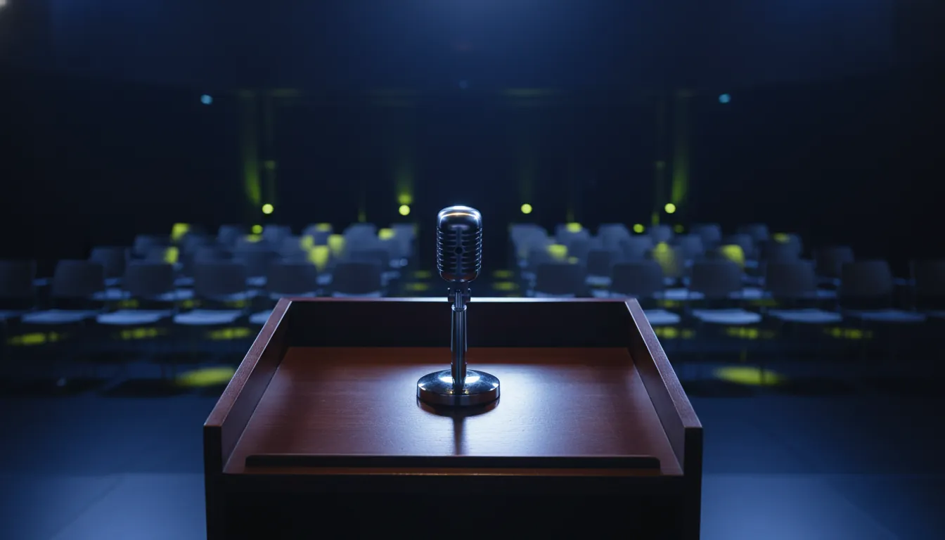 A microphone on a podium in a dimly lit conference room, symbolizing a health summit.