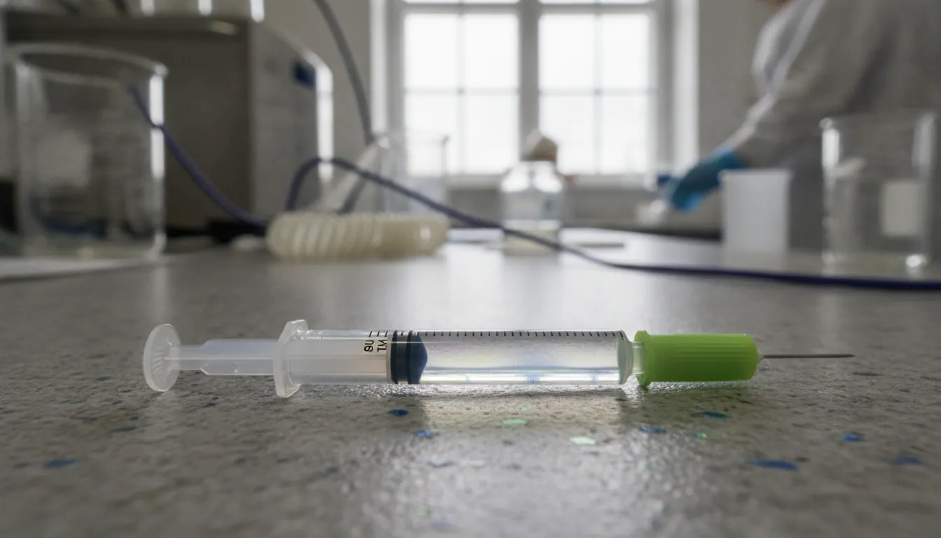 A syringe filled with monoclonal antibody solution on a laboratory countertop.