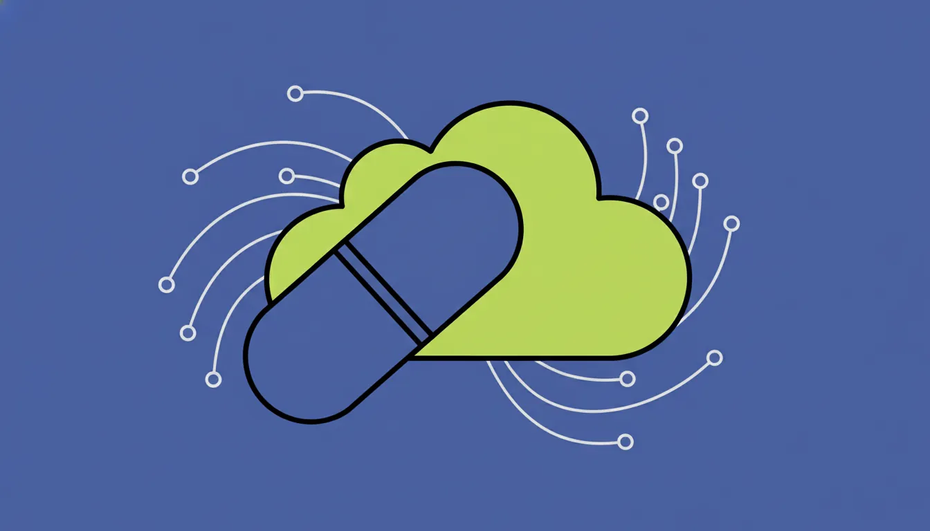 A minimalist illustration of a pill and cloud representing AI in life sciences.