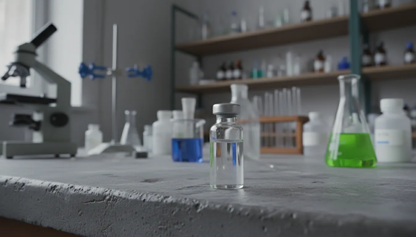 A glass vial with clear liquid on a lab bench in a biotechnology lab