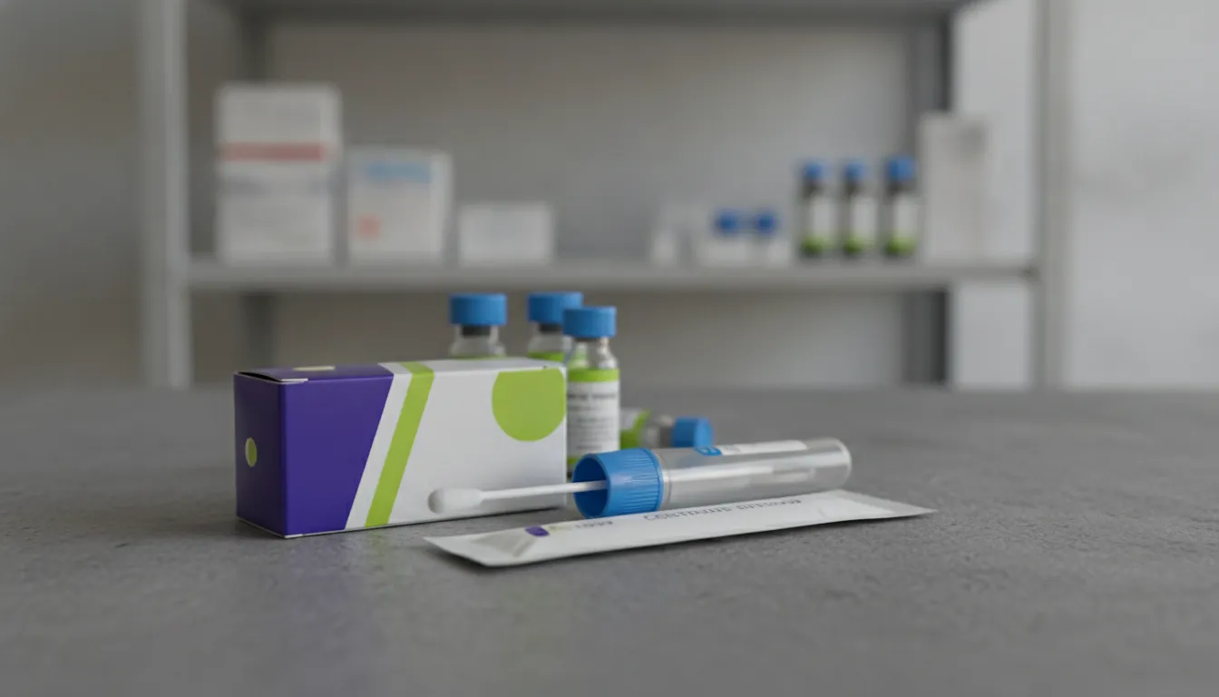 A sample collection kit with a test swab in a clinical setting.