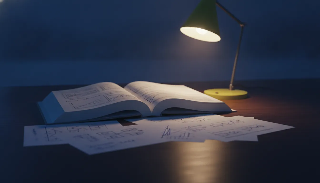 An open book of scientific literature on a wooden desk in a dimly lit study room.