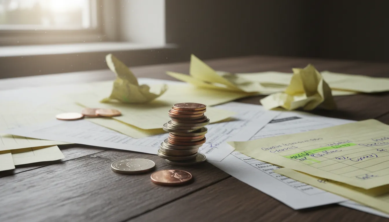 A stack of coins on a wooden desk with financial documents