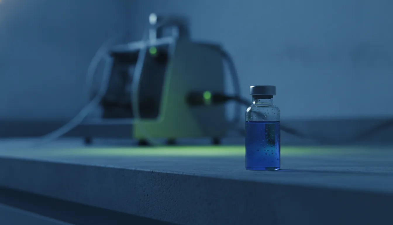 A vial of drug compound on a lab bench with a clinical device in the background.