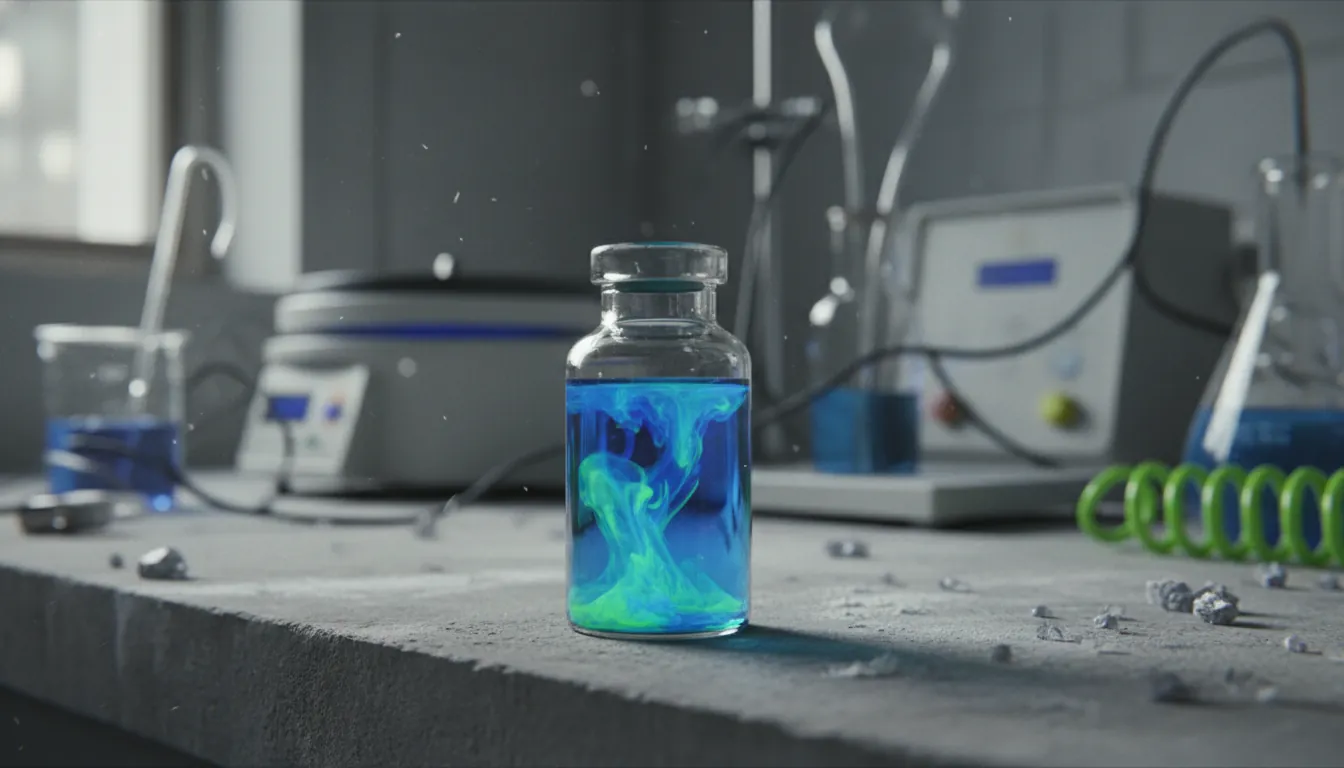A glass vial with a colorful drug compound on a lab bench, surrounded by blurred lab equipment.