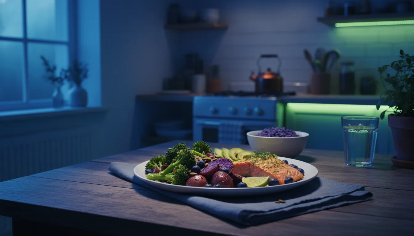 A plate of healthy food on a wooden table in a dimly lit kitchen