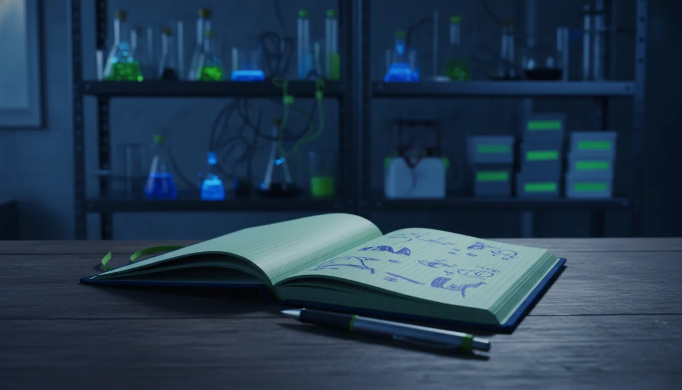 An open lab notebook and pen in a dimly lit laboratory setting.
